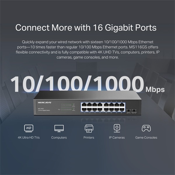 MERCUSYS  MS116GS 16x1000Mbps Fémházas Asztali Rackes Switch 