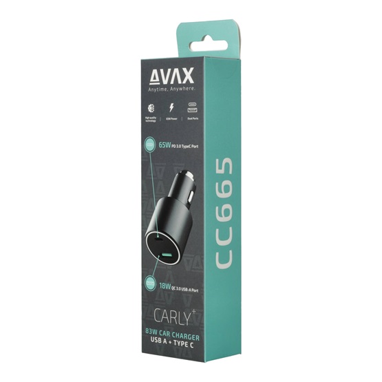  AVAX CC665B CARLY+ USB A + Type C 83W autós töltő fekete