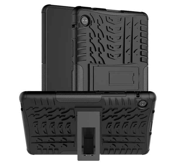 Defender műanyag telefonvédő (közepesen ütésálló, szilikon belső, kitámasztó, autógumi minta) FEKETE [Huawei MatePad T8 WIFI]