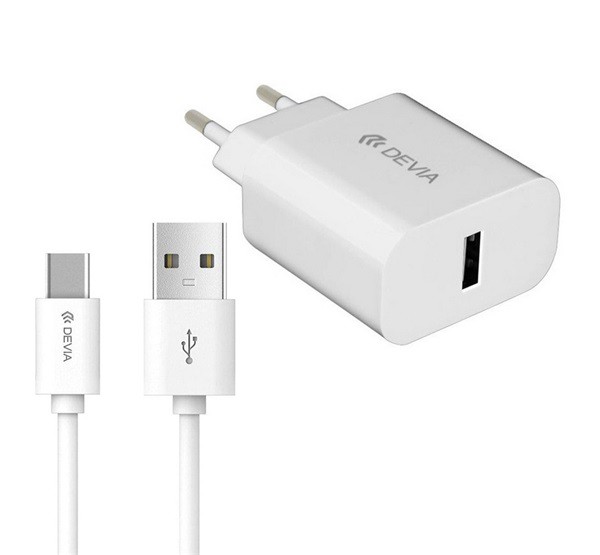 DEVIA hálózati töltő USB aljzat (5V / 2100 mA, gyorstöltés támogatás + Type-C kábel) FEHÉR (DEV-XT117-CW)