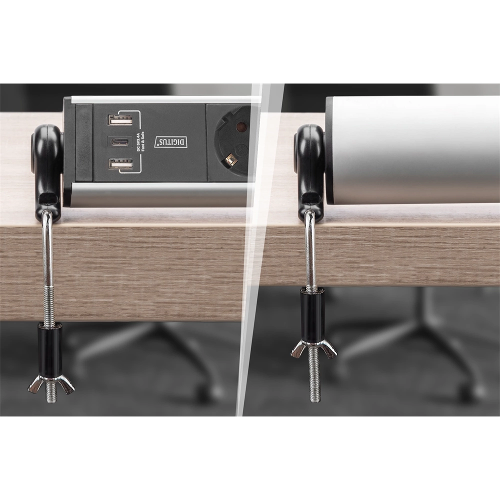 DIGITUS DA-70624 Asztali alumínium 6 schuko dugaljas 2x USB A 1x USB-C  port hálózati elosztó