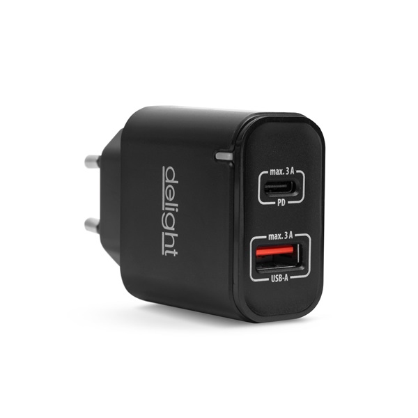 Delight Telefon töltő 1db Type-C + 1db USB PD20W gyorstöltéssel Fekete Delight Telefon töltő 1db Type-C + 1db USB PD20W gyorstöltéssel Fekete