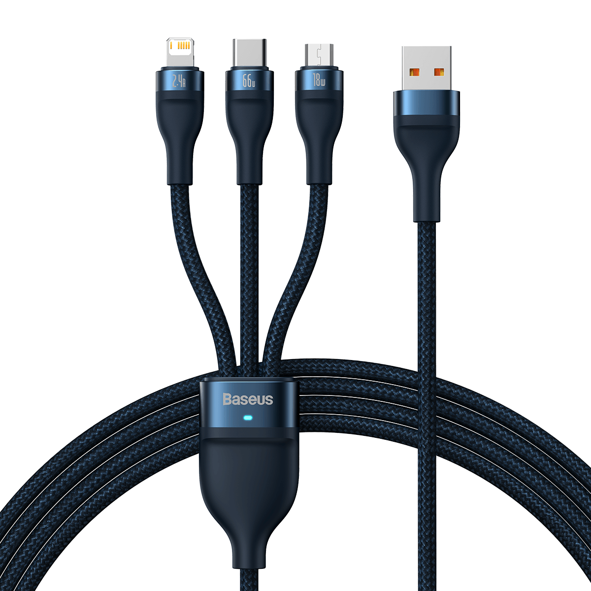 Baseus Flash 3 az 1-ben USB töltőkábel, USB-C + Micro USB + Lightning 66W, 1.2m (kék)