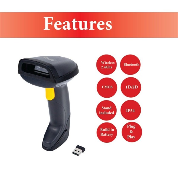 EQuip Wireless 2D Dual Mode 2.4GHz + Bluetooth Vonalkódolvasó Fekete