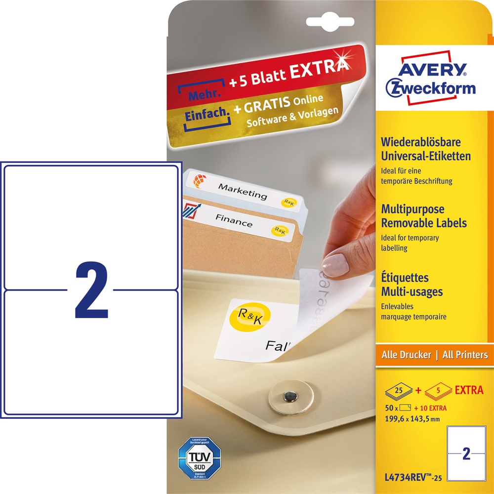 Avery Etikett címke, 199,6 x143,5mm, univerzális visszaszedhető, 2 címke/ív, 25 ív/doboz,  fehér (L4734REV-25)