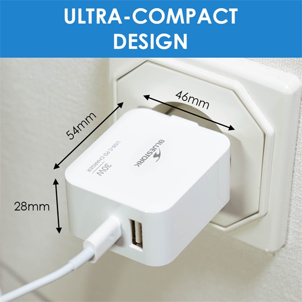 Bluestork  PW-NB-30-C-A/2 USB-C USB-A  30W Hálózati töltő  Fehér