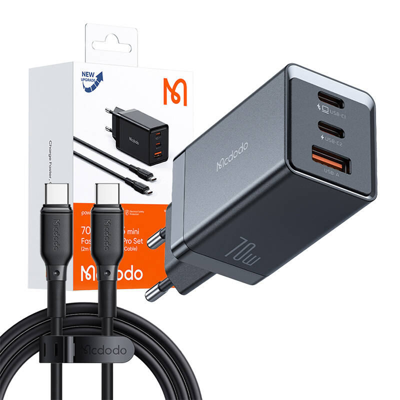 GaN Mcdodo CH-1543 network charger, 2x USB-C, 1x USB, 67W + USB-C to USB-C 2m cable (black) GaN Mcdodo CH-1543 network charger, 2x USB-C, 1x USB, 67W + USB-C to USB-C 2m cable (black)