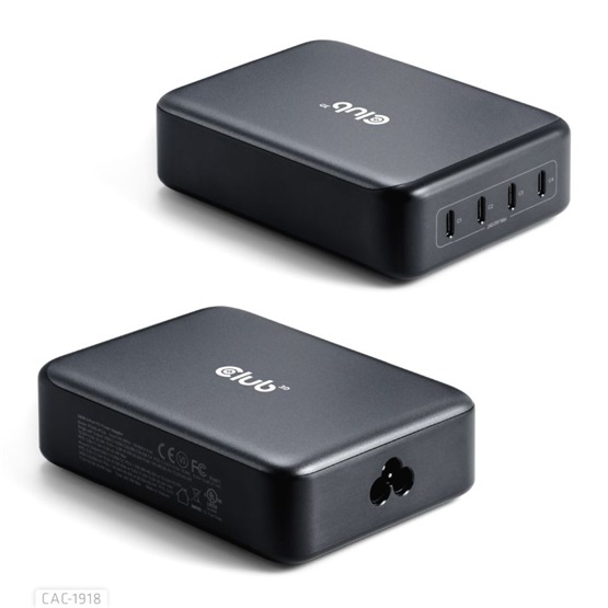 HUB Club3D Travel Charger 240 Watt GaN technology, Four port USB Type-C, Power Delivery(PD) 3.1 and PPS Support HUB Club3D Travel Charger 240 Watt GaN technology, Four port USB Type-C, Power Delivery(PD) 3.1 and PPS Support
