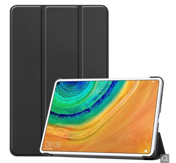 Tok álló, bőr hatású (FLIP, oldalra nyíló, TRIFOLD asztali tartó funkció) FEKETE [Huawei MatePad Pro LTE (MRX-AL19)]