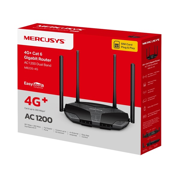 MERCUSYS MB235-4G  AC1200 1xWAN/LAN(1000Mbps) +3xLAN(1000Mpbs) 3G/4G Modem + Wireless Router
