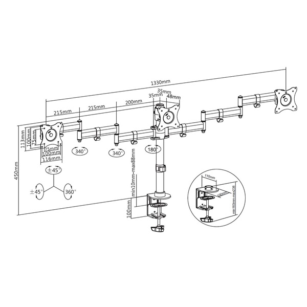 MULTIBRACKETS Asztali konzol (3 képernyős rögzítőkar), M Deskmount Basic Triple (15-27", max.VESA: 100x100 mm, 8 kg)