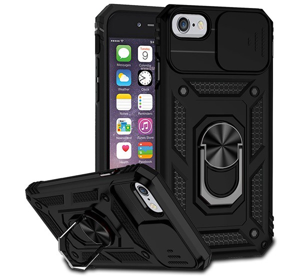 Defender műanyag telefonvédő (közepesen ütésálló, szilikon belső, telefontartó gyűrű, kamera védelem) FEKETE [Apple iPhone SE 3 (2022)]