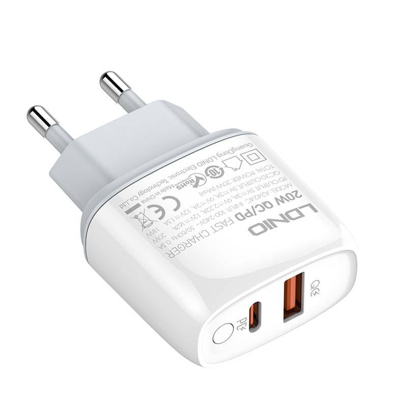 LDNIO A2424C hálózati töltő USB-A + USB-C, PD + QC 3.0, 20W fehér