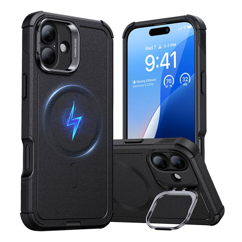 Cyber Tough (HaloLock) ESR tok állvánnyal iPhone 16 Plus készülékhez (fekete) Cyber Tough (HaloLock) ESR tok állvánnyal iPhone 16 Plus készülékhez (fekete)