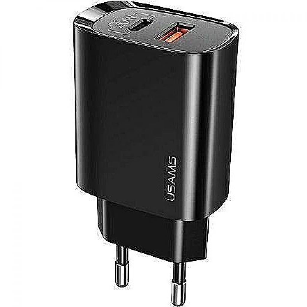 Usams CC121TC02 PD hálózati gyorstöltő adapter Type-C és QC3.0 USB csatlakozóval 20W fekete (1380749)