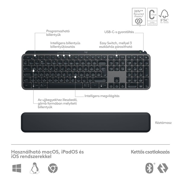 Logitech MX Keys S Plus US fekete billentyűzet