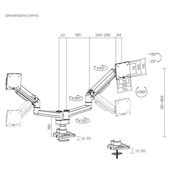 Equip  650183  17"-35"  2 monitor dönthető forgatható  Max.: 2x20kg Monitor Asztali konzol   fehér 