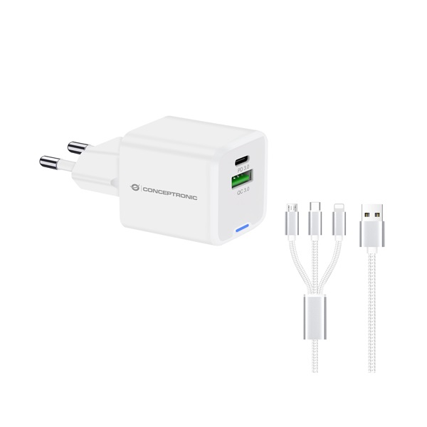Conceptronic telefon töltő adapter+kábel ALTHEA16W USB-C+USB-A 33W 3in1 töltő kábel Fehér Conceptronic telefon töltő adapter+kábel ALTHEA16W USB-C+USB-A 33W 3in1 töltő kábel Fehér