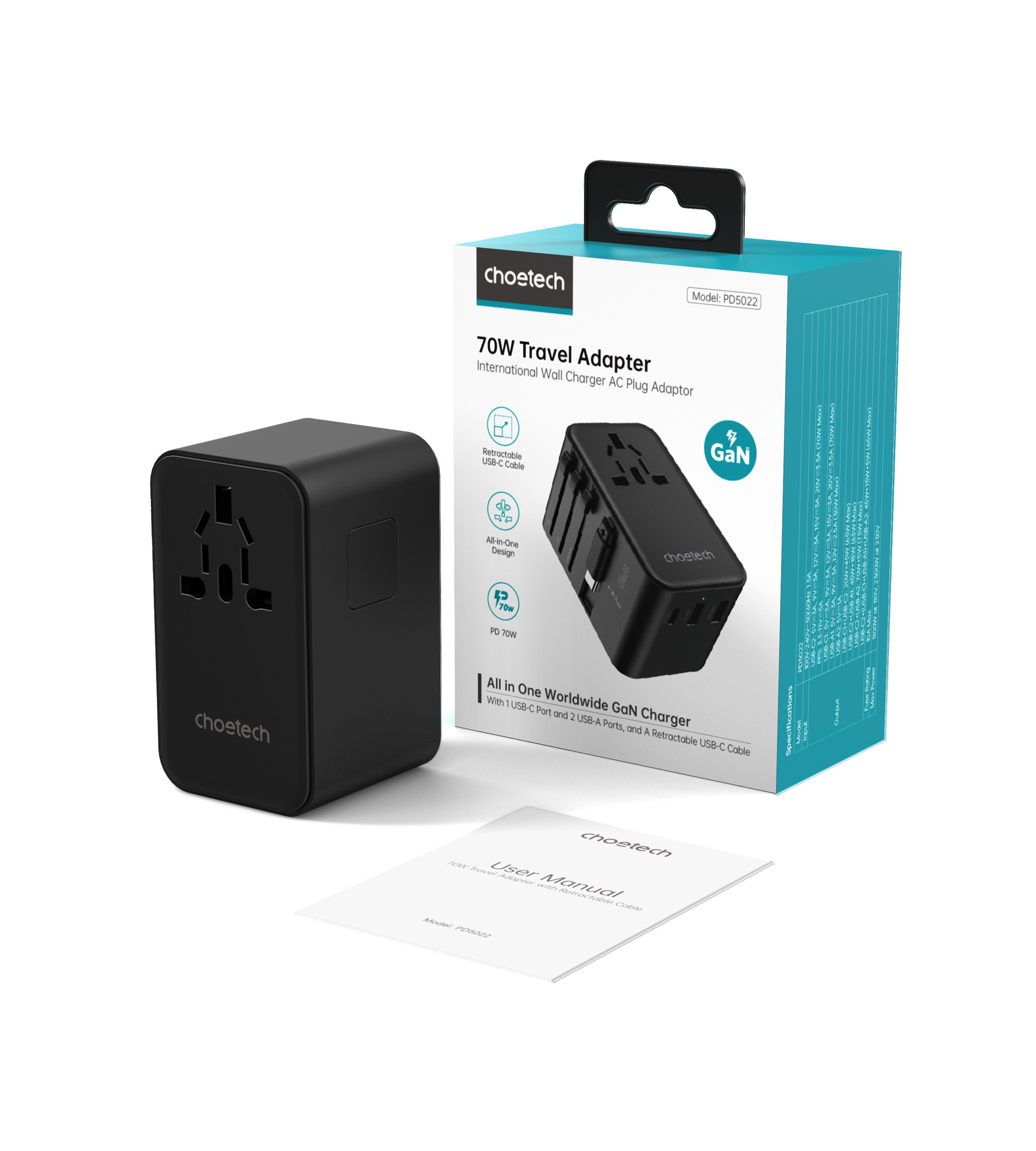 Choetech USB-C*2+USB-A*2  70W travel USB-C kábellel  US,UK,EU,AU töltő Fekete 
