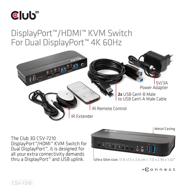 Club 3D   CSV-7210 Dual DisplayPort  4K60Hz  HDMI KVM  IR távirányító KVM Switch 