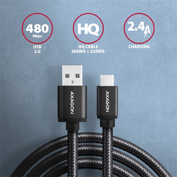 Axagon BUMM-AM20AB HQ Micro USB - USB-A adat- és töltőkábel 2m fekete