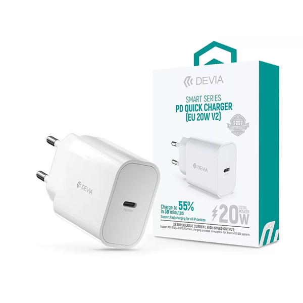 DEVIA ST383830 HÁLÓZATI TÖLTŐ ADAPTER TYPE-C BEMENETTEL - 20W -SMART SERIES PD QUICK CHARGER V2 - FEHÉR DEVIA ST383830 HÁLÓZATI TÖLTŐ ADAPTER TYPE-C BEMENETTEL - 20W -SMART SERIES PD QUICK CHARGER V2 - FEHÉR