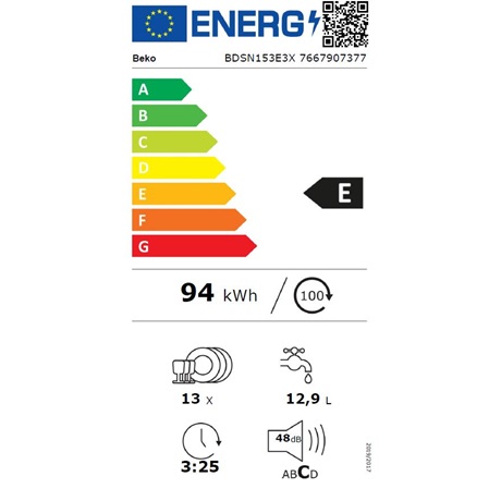 Beko BDSN153E3X 13 terítékes beépíthető mosogatógép