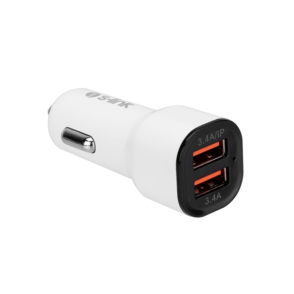 S-Link Autós töltő SL-EC30L  USB 5V/2.4A/3,4A 17W Lightning 100cm adat+töltőkábel fehér 