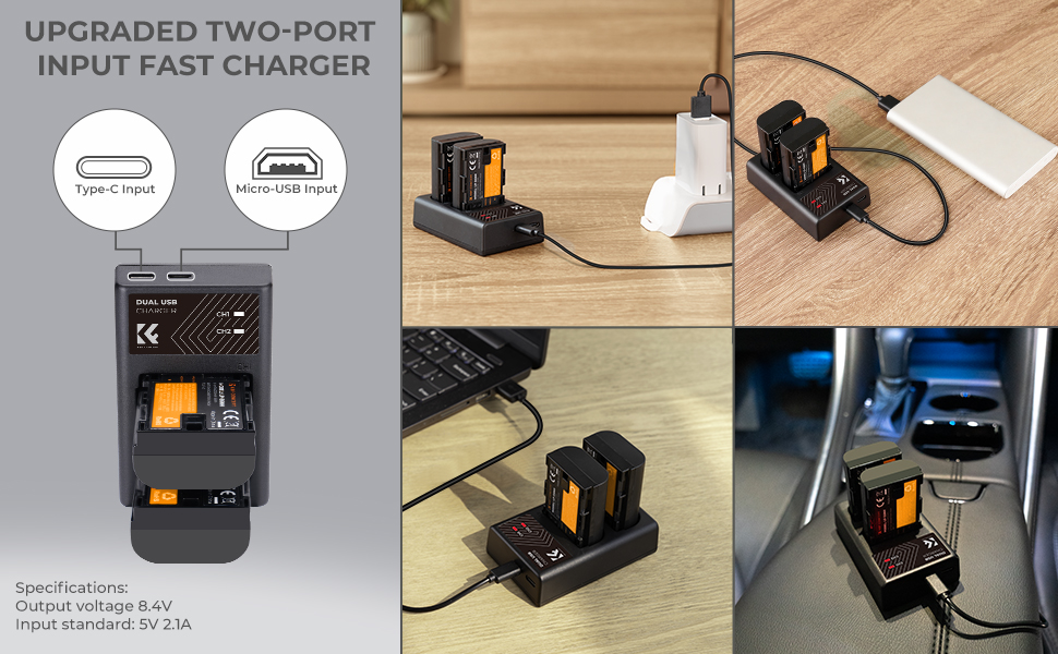 K&F Concept hordozható dupla LC-E6 akkumulátor töltő, USB-C, 2db LP-E6NH akkumulátorhoz