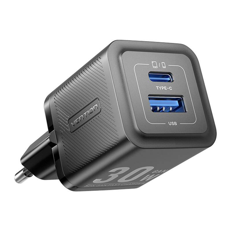 Wall charger, Vention, FEQB0-EU, USB-C, USB- A, 30W/30W, GaN (black) Wall charger, Vention, FEQB0-EU, USB-C, USB- A, 30W/30W, GaN (black)