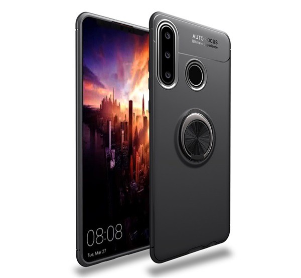 Szilikon telefonvédő (asztali tartó funkció, telefontartó gyűrű, 360°-ban forgatható, beépített fémlemez) FEKETE [Huawei P40 Lite E / Y7p]