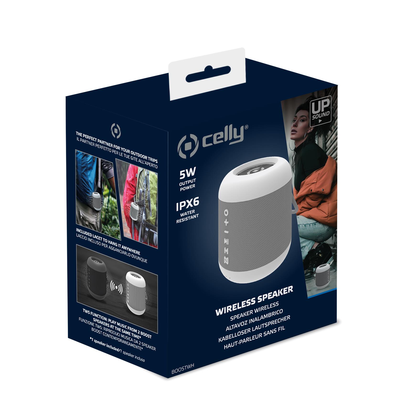 Celly Boost hordozható, vízálló Bluetooth hangszóró, TWS, 5W, 4óra üzemidő, fehér