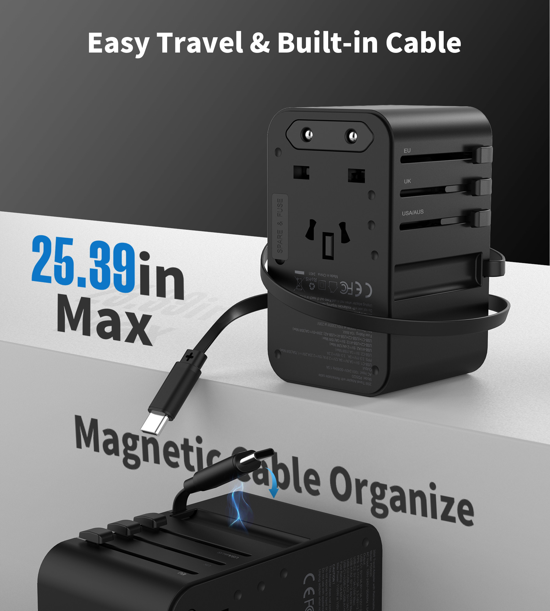 Choetech USB-C*2+USB-A*2  70W travel USB-C kábellel  US,UK,EU,AU töltő Fekete 