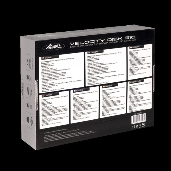 Advance 3.5" VELOCITY DISK S10 USB-A3.0 to SATA/IDE  külső táp Külső HDD Ház Fekete 