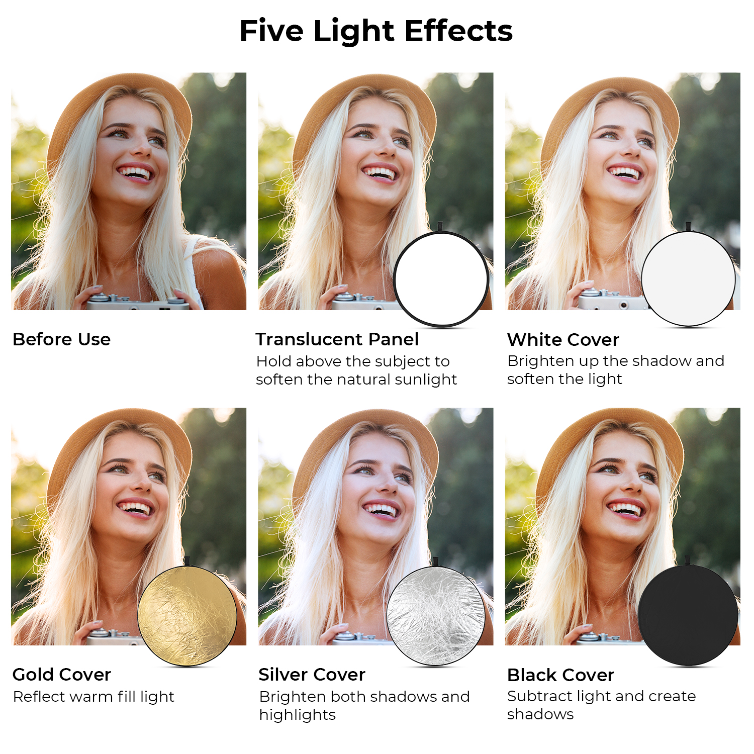 K&F Concept 5in1 derítőlap, reflektor, 110cm (fehér, fekete, arany, ezüst, transparens) + hordtáska
