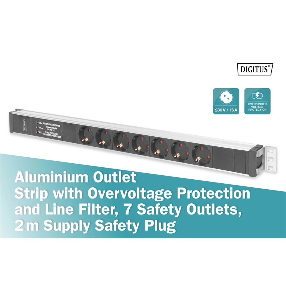 DIGITUS 1U rack alumínium 7 schuko dugaljas hálózati elosztó