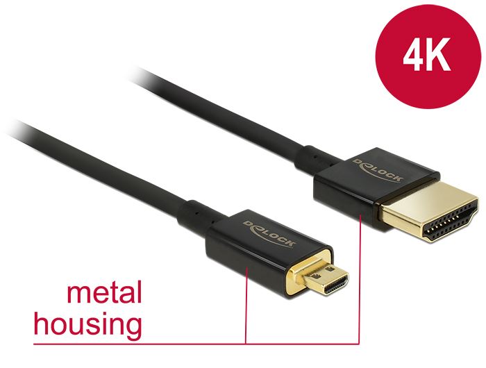 Delock kábel High Speed HDMI Ethernet - HDMI-A apa > HDMI Micro-D apa 3D 4K 2m, Slim Prémium, (84783)