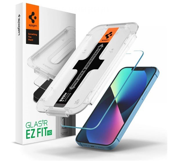 SPIGEN EZ FIT HD képernyővédő üveg (2.5D full cover, tokbarát, ultravékony, 0.2mm, 9H + segédkeret) ÁTLÁTSZÓ [Apple iPhone 13]