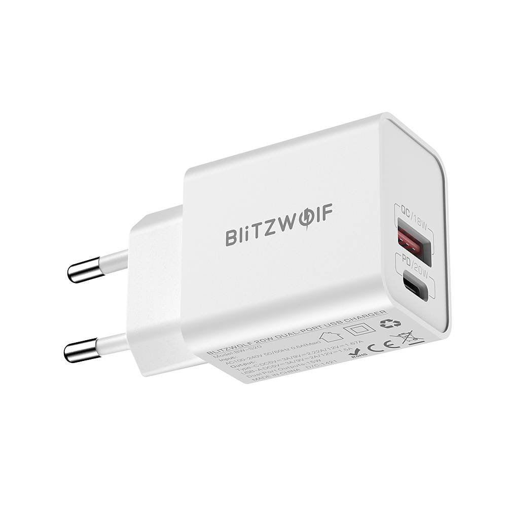 Blitzwolf BW-S20 hálózati töltőadapter USB-A és USB-C 20W fehér Blitzwolf BW-S20 hálózati töltőadapter USB-A és USB-C 20W fehér