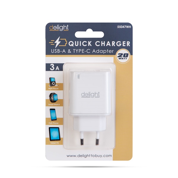 Delight  1db Type-C + 1db USB PD20W gyorstöltéssel Telefon töltő Fehér
