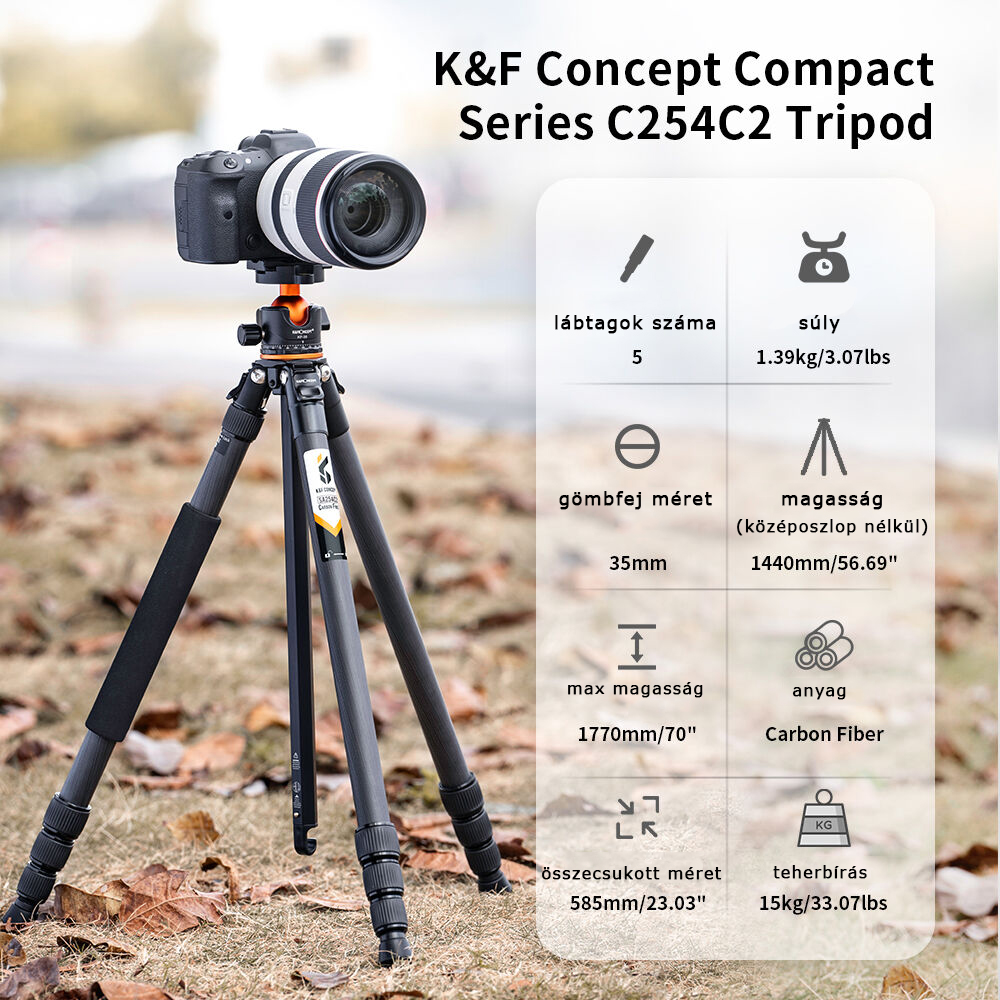 K&F Concept A254C4+BH-35L karbon állvány + monopod, fekete-narancs