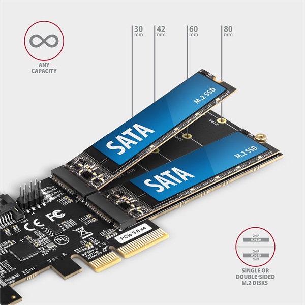 Axagon 2x SATA + 2x M.2 SATA bővítő kártya PCIe (PCES-SA4M2)