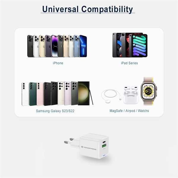 Conceptronic telefon töltő adapter+kábel  ALTHEA16W  USB-C+USB-A  33W  3in1 töltő kábel  Fehér 