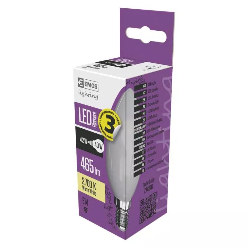 Emos LED fényforrás filament gyertya E14 4.2W melegfehér (Z74216)
