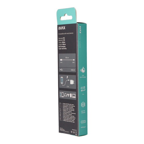 AVAX CB103W PURE 2.1A  1m USB A-Type C kábel    Fehér 