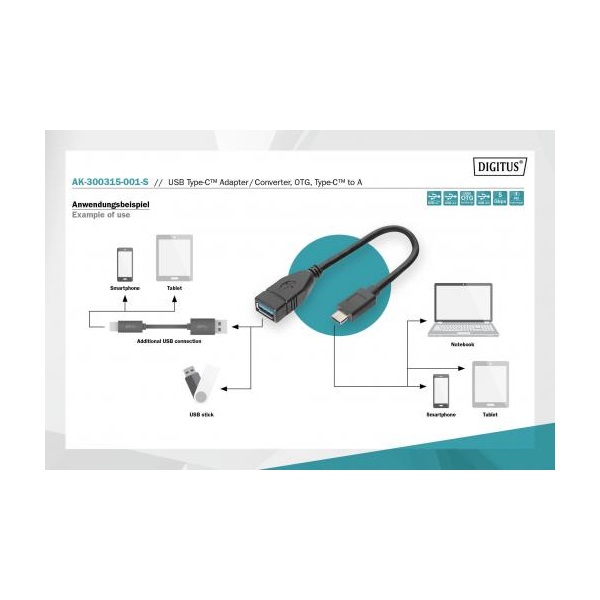 Assmann USB C -> USB A adapter kábel fekete 0.15m (AK-300315-001-S)