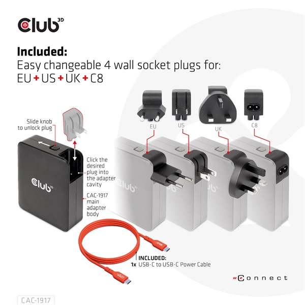 Club3D International Travel Charger 140W GaN technology Four port USB Type-A(1x) and -C(3x) PPS + Power Delivery(PD) 3.1 Support