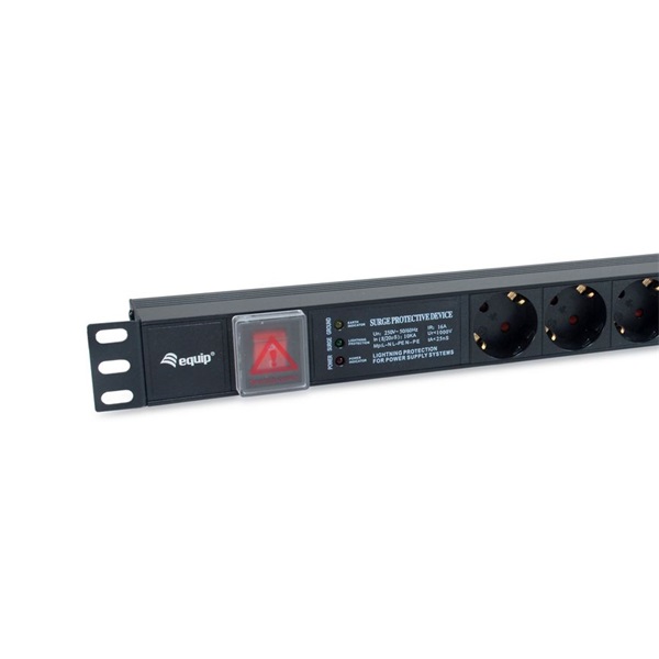 Equip  333317 Schuko  6 Schuko  túlfeszültség védett  Rack 1U 1,8m kábel Hálózati Elosztó Fekete 