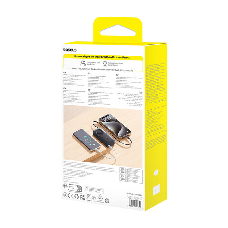 Baseus Free2Pull kábellel 10000mAh 30W powerbank Fekete 