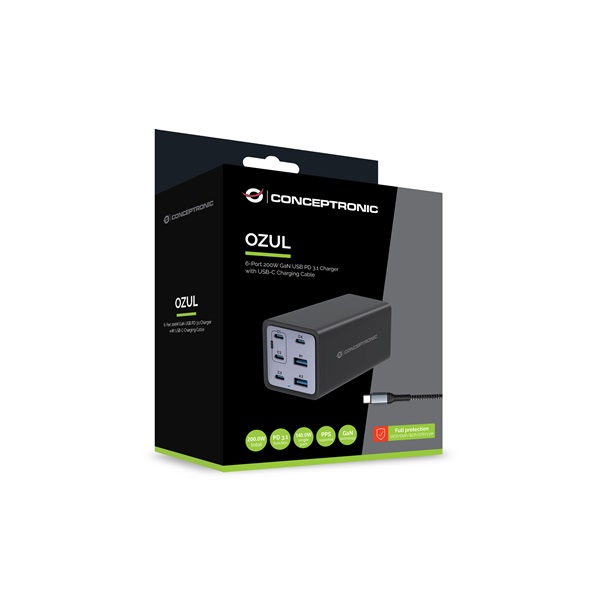 Conceptronic  OZUL06BE 4x USB-C+2x USB-A  200W telefon töltő adapter Fekete 